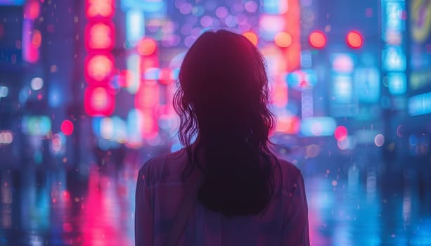 A person is standing in the rain in a city with neon lights by AI generated image.