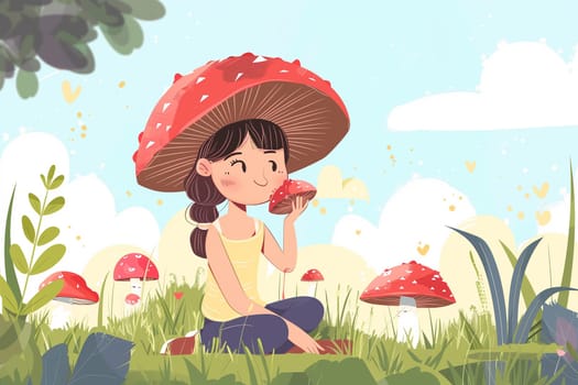 A girl is sitting under a mushroom in a forest setting.