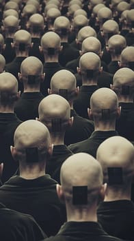 A group of identically bald individuals with barcodes on the back of their heads, standing uniformly in dense rows, suggesting conformity.