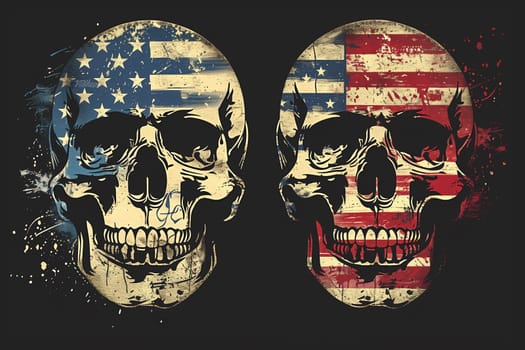 Twin skulls overlaid with the American flag colors as a symbolism for biker patriotism celebrated on World Motorcycle Day.