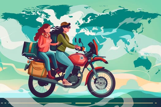 Two individuals riding a motorcycle in front of a detailed world map, representing global travel, exploration, and adventure.