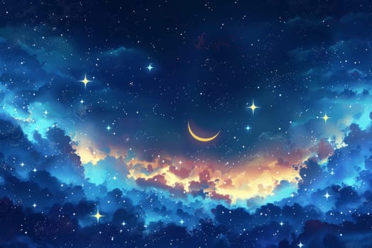 Watercolor illustration of Blue Night Sky with golden Stars and Moon. Fairy Tale Night Background Banner. Ai generated