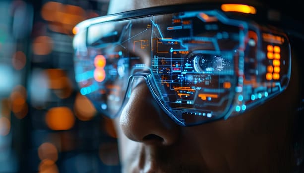 A woman is wearing virtual reality goggles and looking at a cityscape by AI generated image.