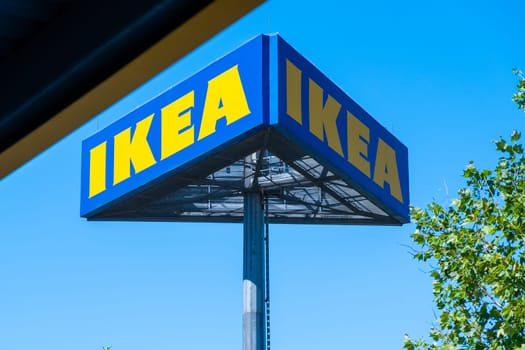 PRAGUE, CZECHIA -April, 2024: IKEA signboard standing in the street.