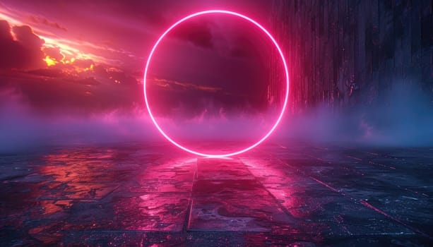 A red and blue lighted circle is in the middle of a foggy, misty by AI generated image.