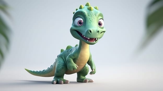 A cheerful cartoon dinosaur with green scales and a friendly expression stands facing the viewer, promoting a lighthearted mood - Generative AI