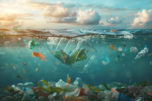 A plastic bag drifts on the surface of the ocean, posing a threat to marine life and the health of the underwater ecosystem.