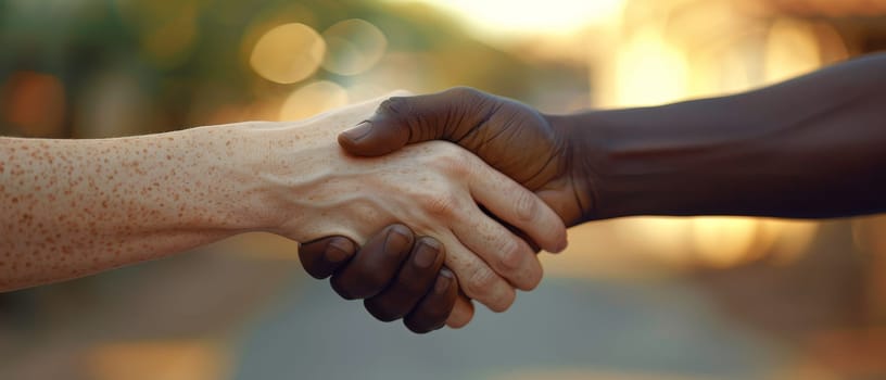 Two hands shaking hands, one white and one black by AI generated image.