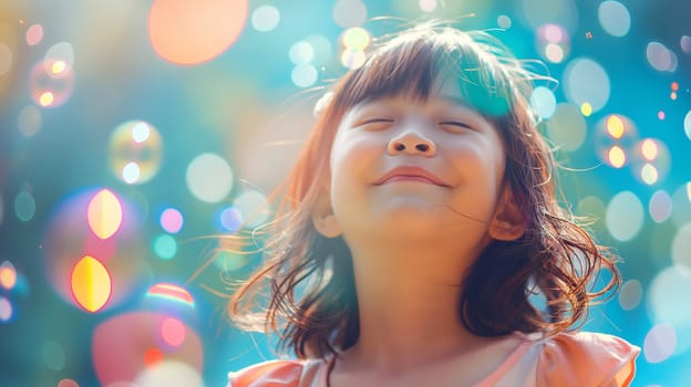 A young girl is closing her eyes with a content smile, basking in the warm glow of sunlight surrounded by colorful bokeh - Generative AI