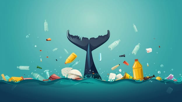 A whale navigates through the ocean waters surrounded by floating trash, highlighting the serious issue of marine pollution affecting marine life.