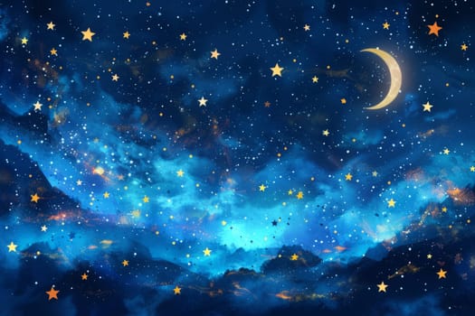 Watercolor illustration of Blue Night Sky with golden Stars and Moon. Fairy Tale Night Background Banner. Ai generated