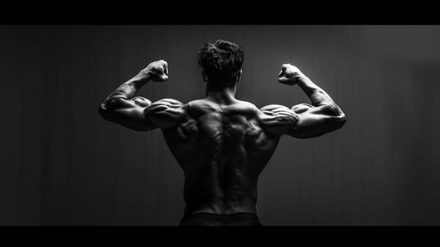 A well-defined man showcases his muscular back and biceps by flexing, capturing the detail of his physique against a plain background - Generative AI