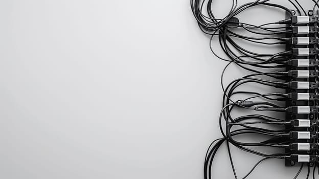 Neatly arranged cables are secured to a white wall, demonstrating effective organization and cable management - Generative AI