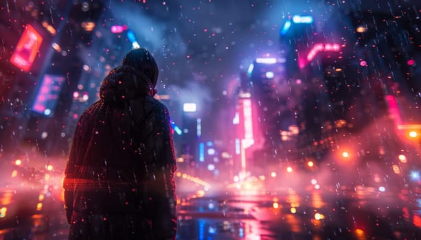 A person is standing in the rain in a city with neon lights by AI generated image.