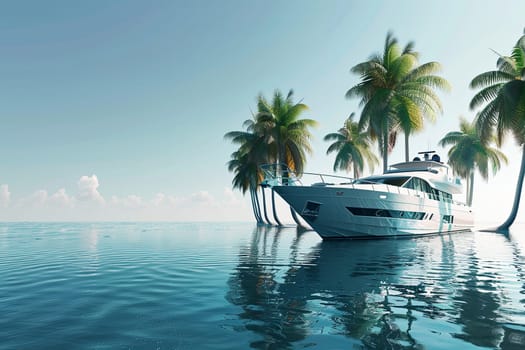 A large white boat peacefully floats atop the calm waters of a tranquil lagoon, surrounded by lush palm trees on the shore.