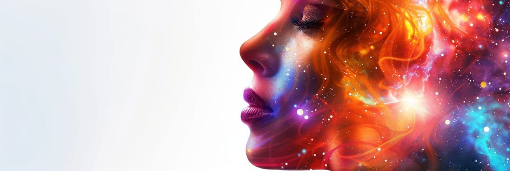 A woman's face is painted with bright colors and stars by AI generated image.