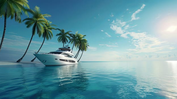 A serene scene unfolds as a white boat peacefully sails through the vast ocean, surrounded by lush palm trees under the clear sky.