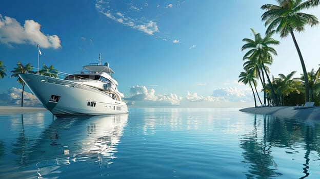 A luxurious white yacht smoothly floats on the tranquil waters of a lagoon, with palm trees lining the shores under a clear sky.