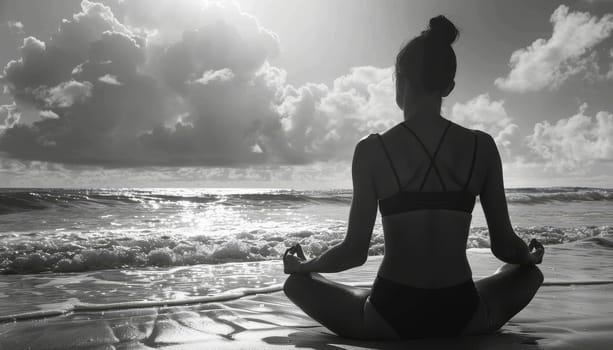 A woman is sitting on the beach, meditating by AI generated image.