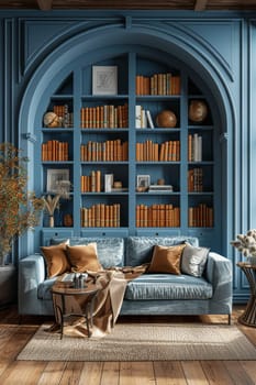 A blue room with a couch and a bookshelf. The bookshelf is full of books and has a vase on top. The couch is covered in pillows and a blanket. The room has a cozy and inviting atmosphere