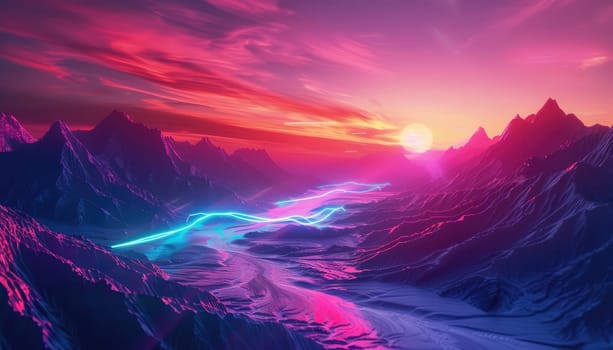 A colorful, abstract landscape with mountains in the background by AI generated image.