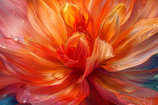 A close up of a flower with droplets of water on it. The flower is orange and has a lot of detail