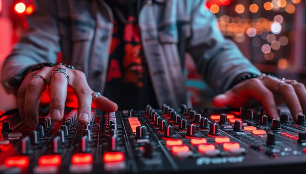 A man is playing a keyboard with red lights by AI generated image.