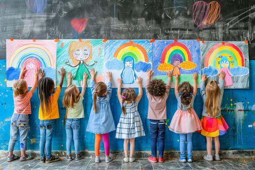 A group of children are standing in front of a large chalkboard with drawings of rainbows and other colorful images. The children are holding their hands up, as if they are reaching for the drawings