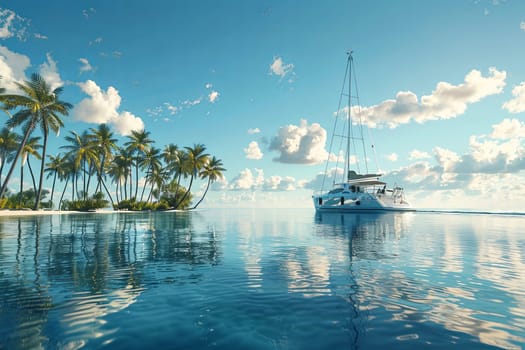A luxurious yacht peacefully floats on a calm lagoon, surrounded by tall palm trees, creating a picturesque and tranquil scene.