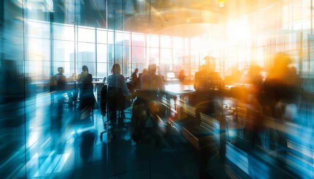 A group of people are sitting in a conference room with a large window by AI generated image.