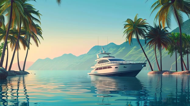 A peaceful scene of a boat cruising through calm waters, surrounded by lush palm trees along the shore.