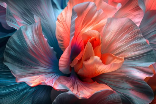 A flower with a blue and pink hue. The flower is very colorful and has a very unique appearance