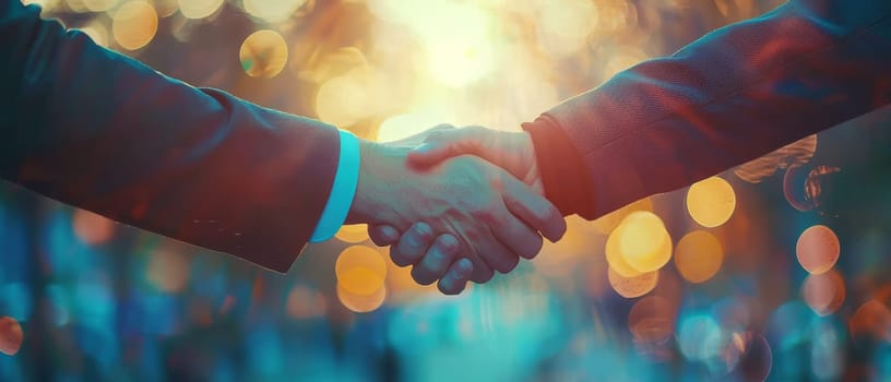 Two people shaking hands in a suit and tie by AI generated image.