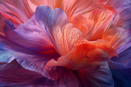 A close up of a flower with purple and orange petals. The flower is very detailed and the colors are vibrant