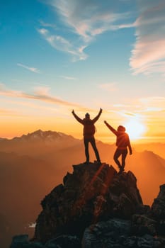 Two people are standing on a mountain peak, one of them is holding a camera by AI generated image.