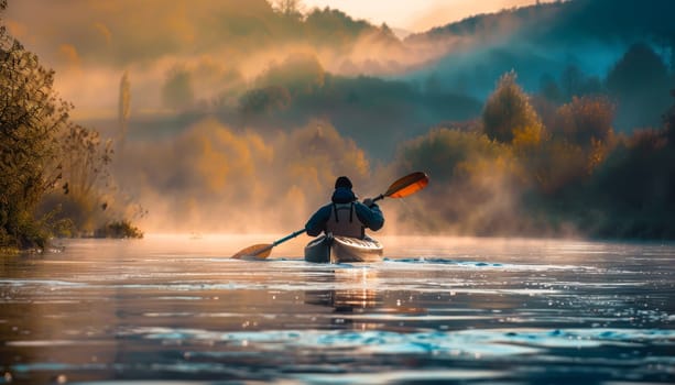 A man paddles a kayak on a river by AI generated image.