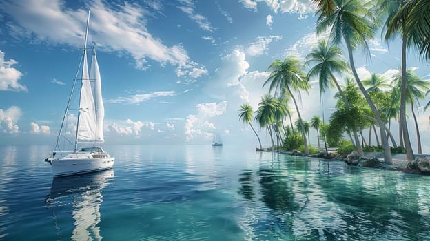 A sailboat gracefully floats on a calm body of water, framed by lush palm trees swaying gently in the breeze.