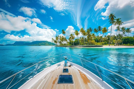 A sleek yacht glides peacefully through crystal blue waters, surrounded by vibrant palm trees and a lush tropical island.