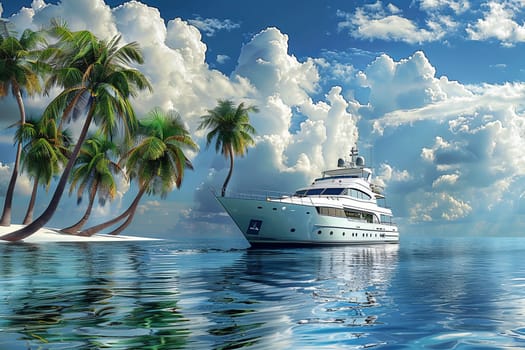 A large, luxurious white yacht peacefully floats on a calm lagoon, surrounded by lush palm trees on the shore.