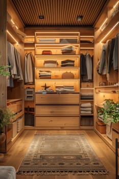 A small, dimly lit walk-in closet with a rug on the floor. The closet is filled with clothes and a potted plant