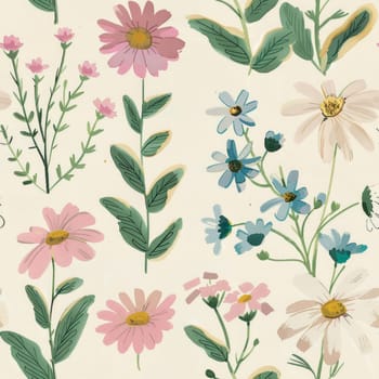 Beautiful Summer Delicate Floral Seamless Pattern. Pastel Pink and Green Wild Flowers Background Texture. Ai generated