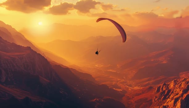 A man is flying a parachute over a mountain range by AI generated image.