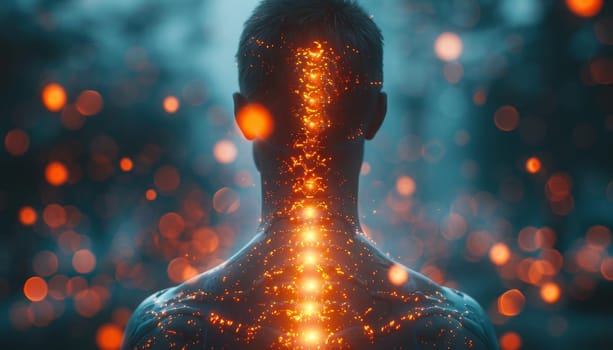 A man's neck is glowing red and the image has a futuristic, sci-fi feel to it by AI generated image.