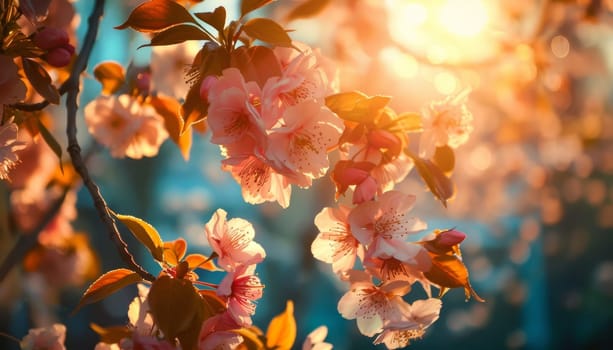 A beautiful pink flower with a yellow sun in the background by AI generated image.