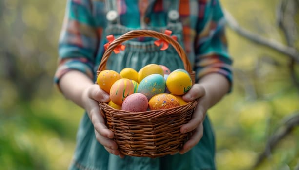 A young girl holding a basket of Easter eggs in a field by AI generated image.