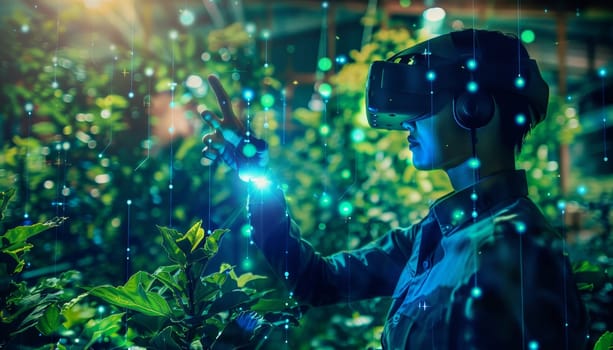 A woman wearing a VR headset is picking lettuce in a greenhouse by AI generated image.