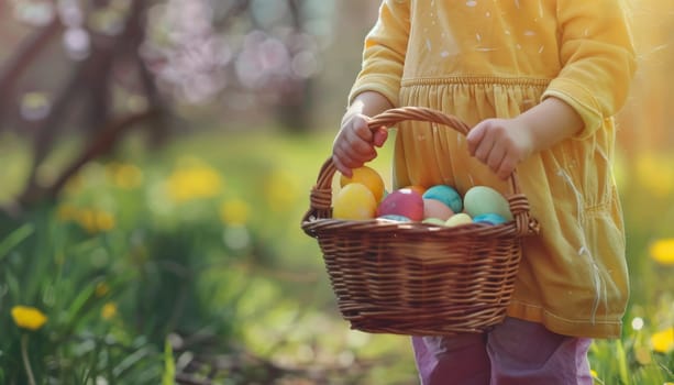 A young girl holding a basket of Easter eggs in a field by AI generated image.