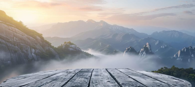 A wooden table with a view of mountains in the background by AI generated image.