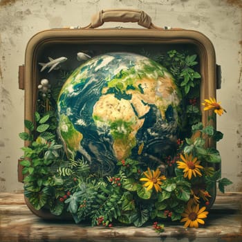 A suitcase is filled with plants and flowers, with a globe on top. Concept of growth and expansion, as the plants and flowers surround the globe, representing the idea of the earth