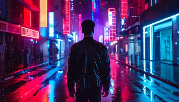 A man stands in the rain in a city street with neon signs in the background by AI generated image.